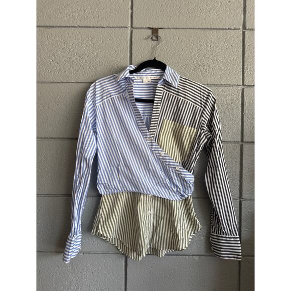 Women's Veronica Beard Mayfair Striped Button Front Wrap Top size 0 Quiet Luxury - Picture 3 of 5